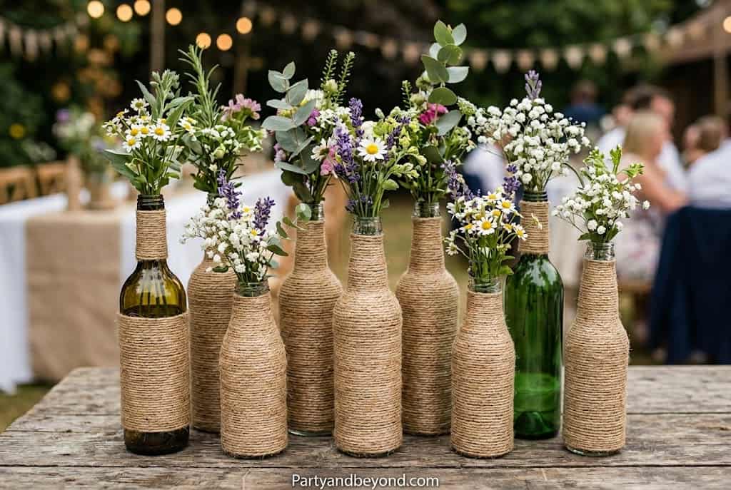 Recycled glass bottles wrapped with jute twine and decorated with greenery and wildflowers for rustic party decor.