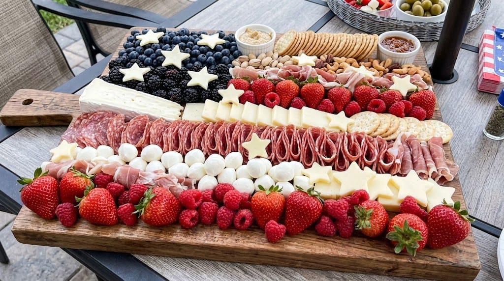 “4th of July charcuterie board with red white blue theme”