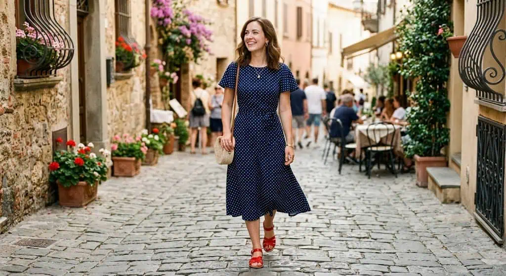 4th of July outfit ideas for women Navy polka dot dress with red sandals for classic and timeless summer style