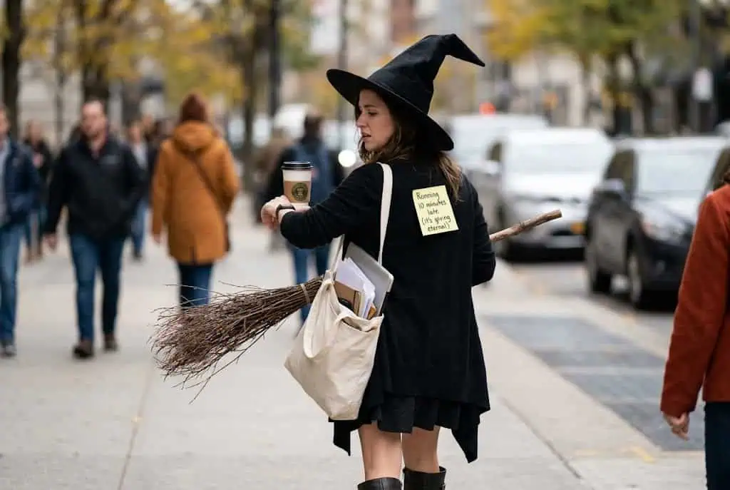 funny late witch Halloween costume with coffee cup