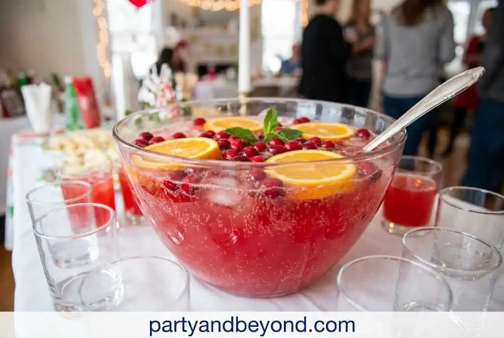 Sparkling juice punch with rainbow sherbet served in a decorative punch bowl Best Graduation Party Food Ideas for a Crowd
