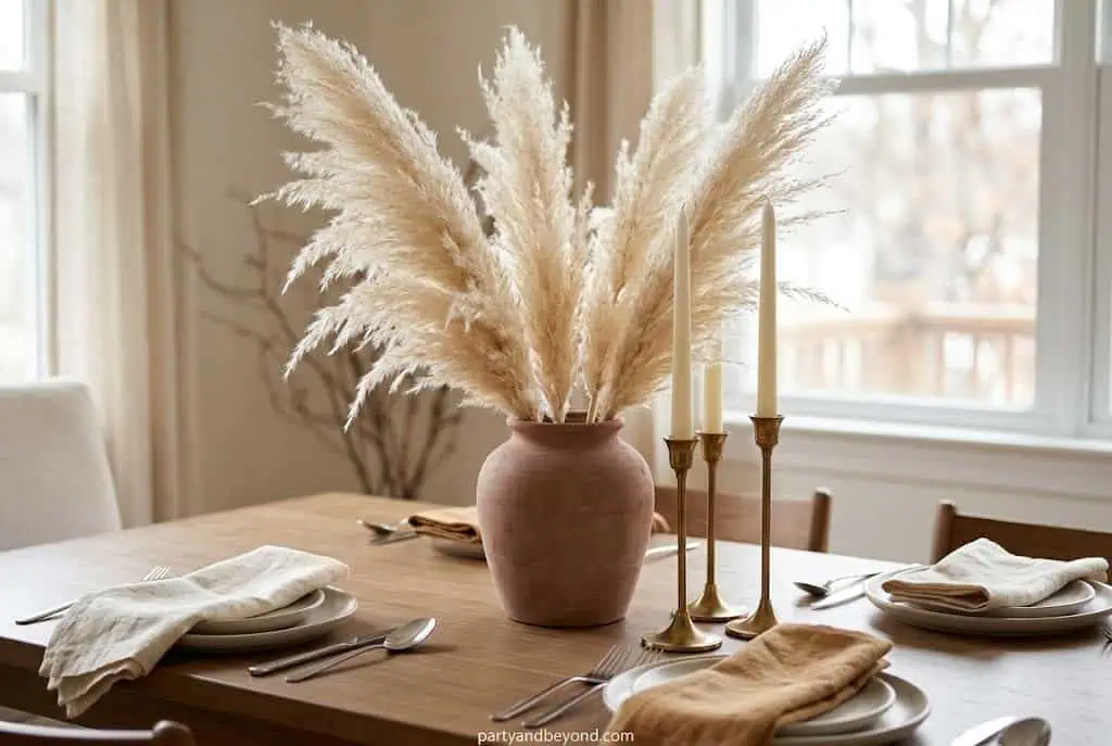 “Dried pampas grass centerpiece in terracotta vase on Thanksgiving table with candles”