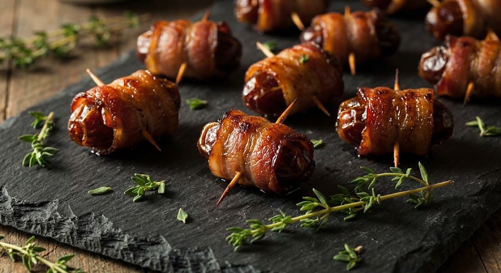 Alt text: Bacon-wrapped dates appetizer on a slate board with fresh thyme.