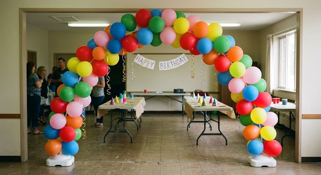“DIY dollar store balloon arch in neutral party colors over a dessert table”