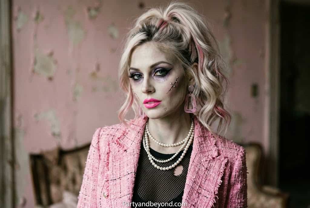 Barbie zombie Halloween Makeup Ideas blending pink glam with creepy undead decay effects.