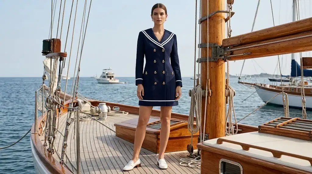 Navy nautical style dress with gold button details for elegant patriotic outfit