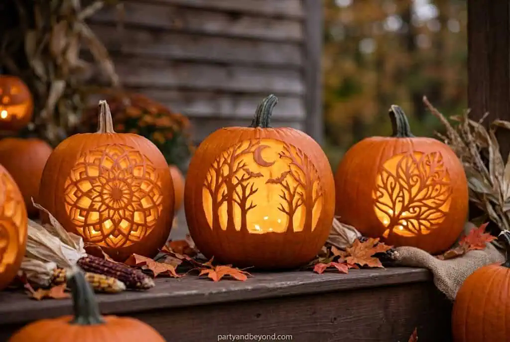 Negative space pumpkin carving with dramatic glowing silhouette effect.
