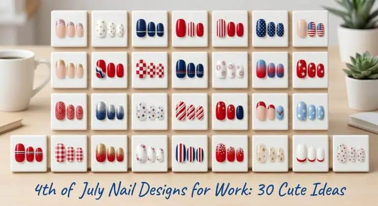 Patriotic 4th of July nail art with red, white, and blue patterns perfect for work settings.