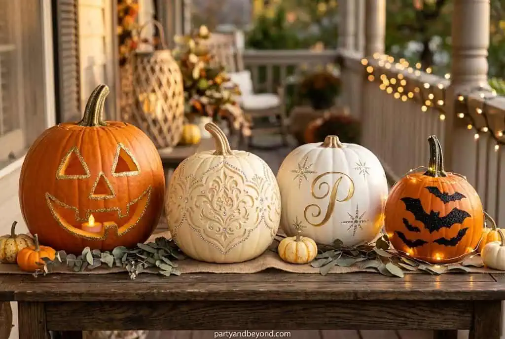 Glitter-covered Halloween pumpkin with classic jack-o'-lantern face and gold sparkle finish.
