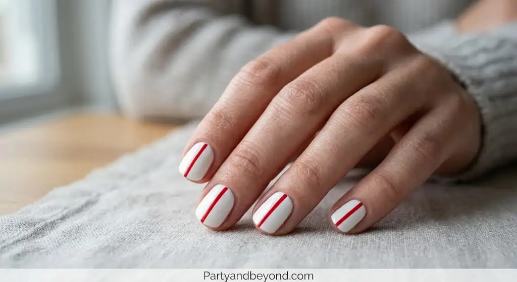 White manicure with a single thin red diagonal stripe accent nail for subtle patriotic nail art.