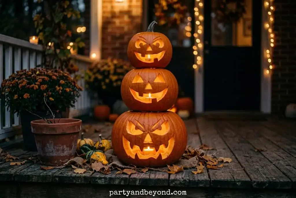 Large carved pumpkin with three different Halloween faces glowing on a front porch.