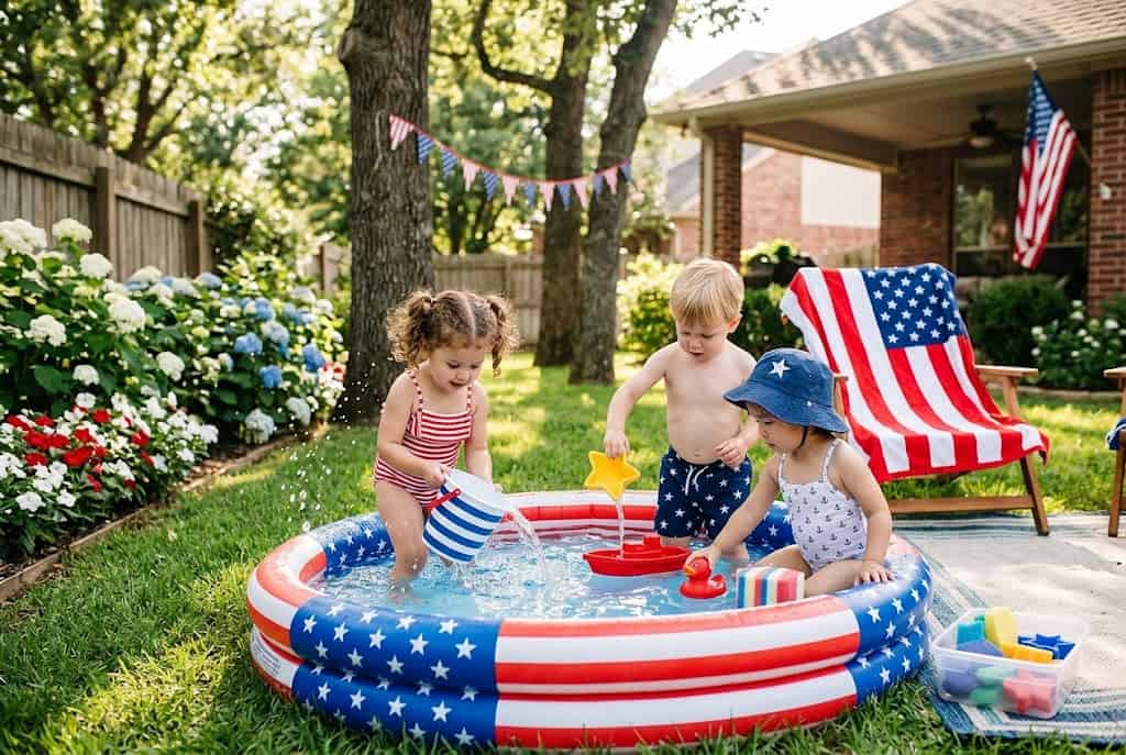 “Toddler July 4th safe activities with kiddie pool glow bracelets bubbles and patriotic sensory play for ages 2 to 4”