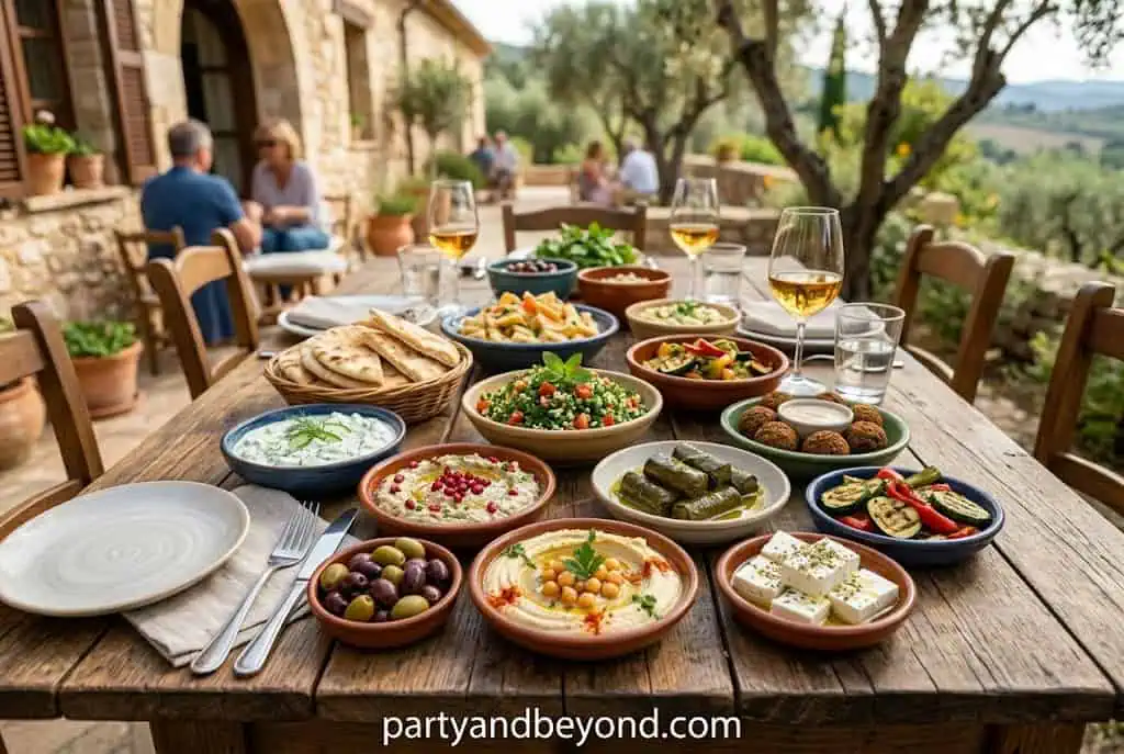 Mediterranean mezze platter with hummus pita olives feta cucumber and tomatoes