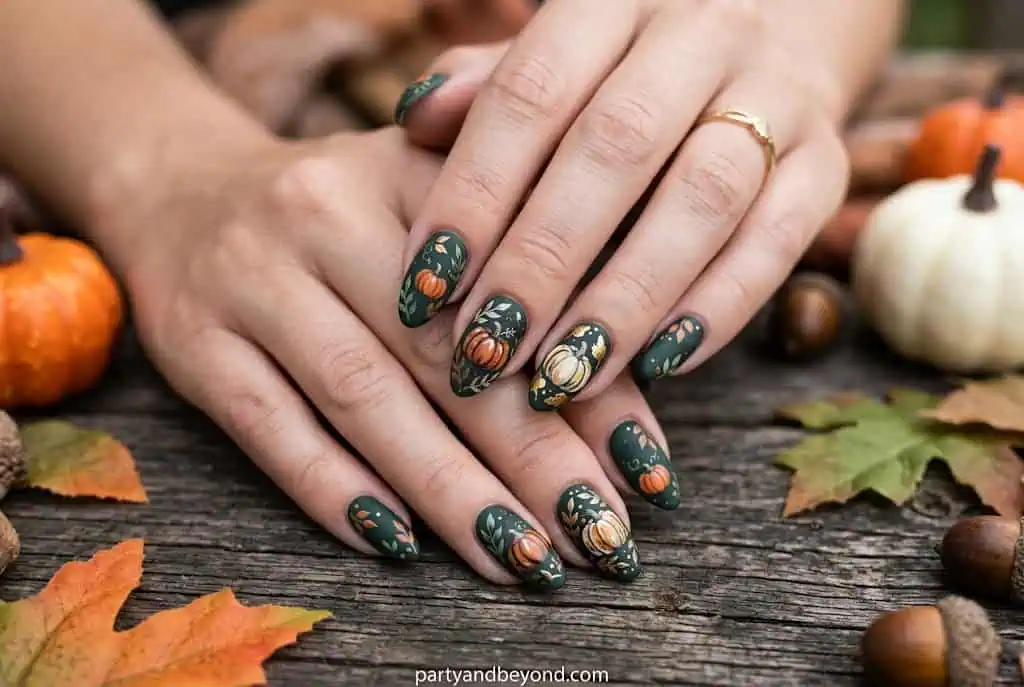 : Moody forest green nails with pumpkin and spooky tree branch nail art.