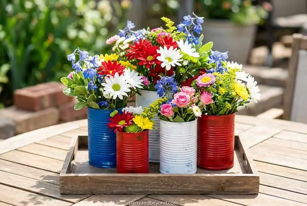 Painted red white and blue tin can flower vases for 4th of July decor