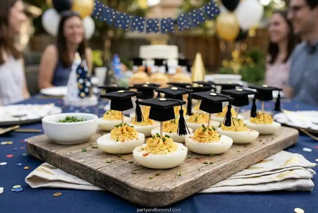 Deviled eggs decorated with olive graduation cap toppers on a serving tray