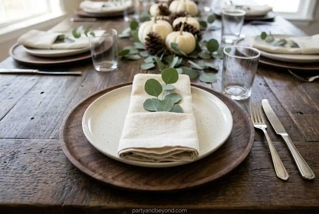 “Wooden charger plates with linen napkins and eucalyptus at Thanksgiving table setting”
