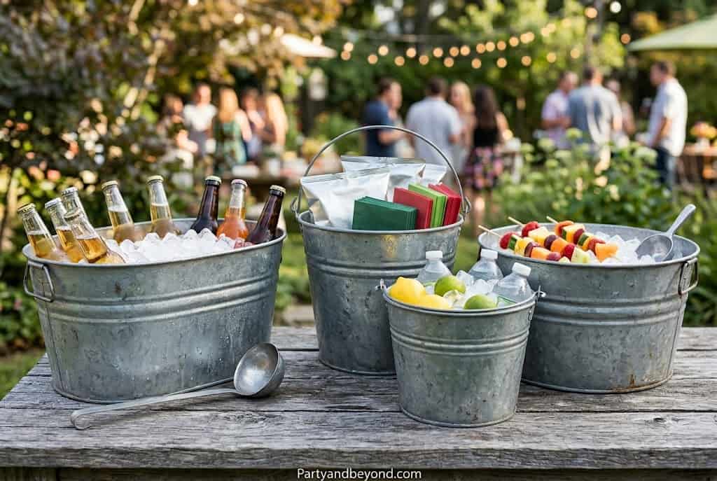 Galvanized metal tubs filled with ice and bottled drinks displayed at a rustic outdoor party drink station.