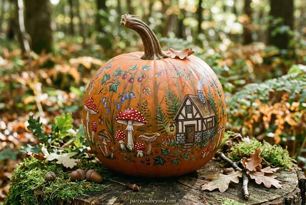 Cream pumpkin painted with small illustrated mushrooms and forest details