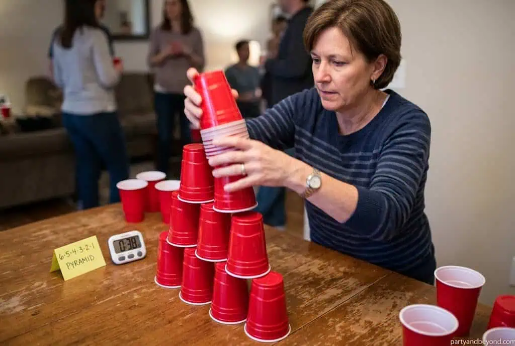 Pyramid of colorful plastic cups stacked during the Stack Attack minute to win it game