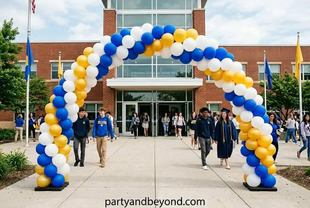 : Graduation party balloon arch in school colors framing backyard entrance for celebration photo