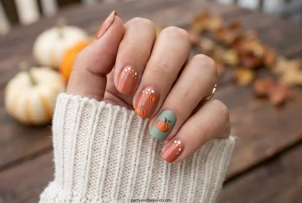 Pumpkin-themed nail art with orange and green accents, perfect for fall parties and seasonal celebra.