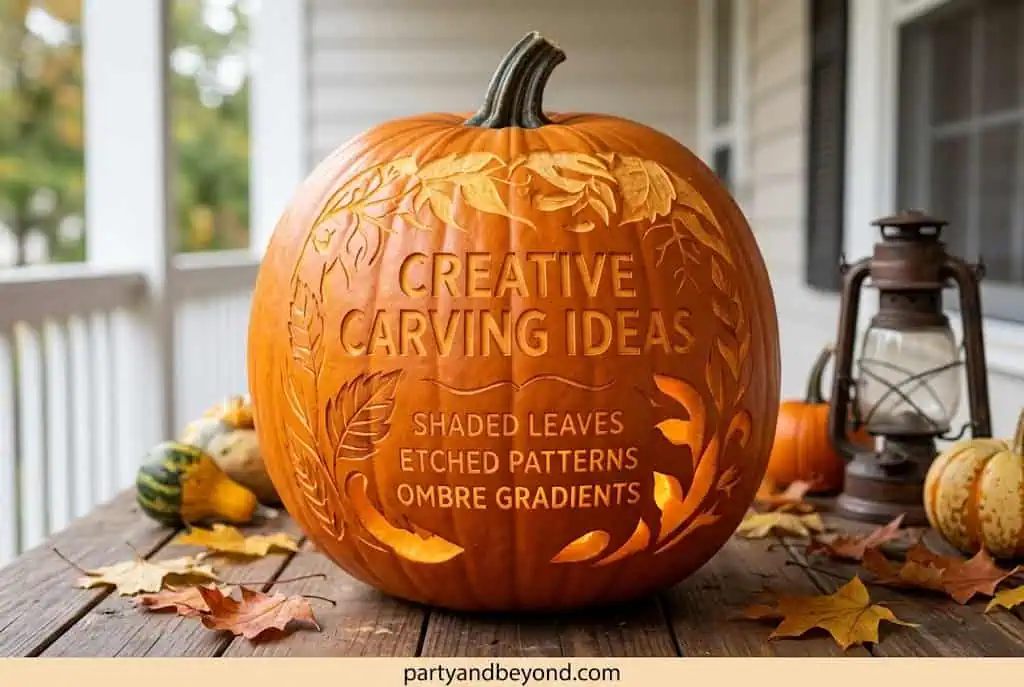 Artistic ombré pumpkin carving with glowing gradient etched texture.