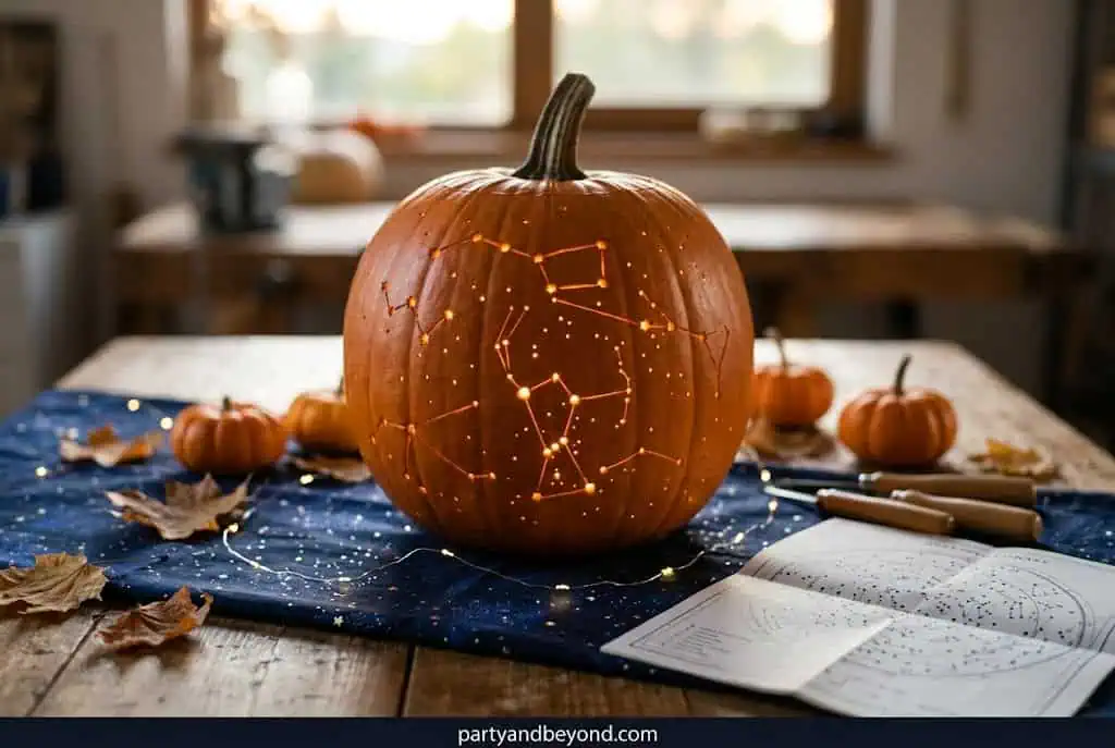 Pumpkin carved with glowing constellation stars and galaxy pattern design