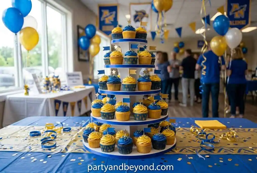 Tiered graduation cupcake tower decorated in matching school colors