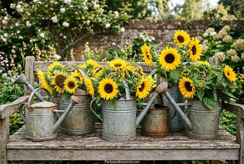 Vintage metal watering can filled with bright sunflower arrangements used as rustic party table decor.1