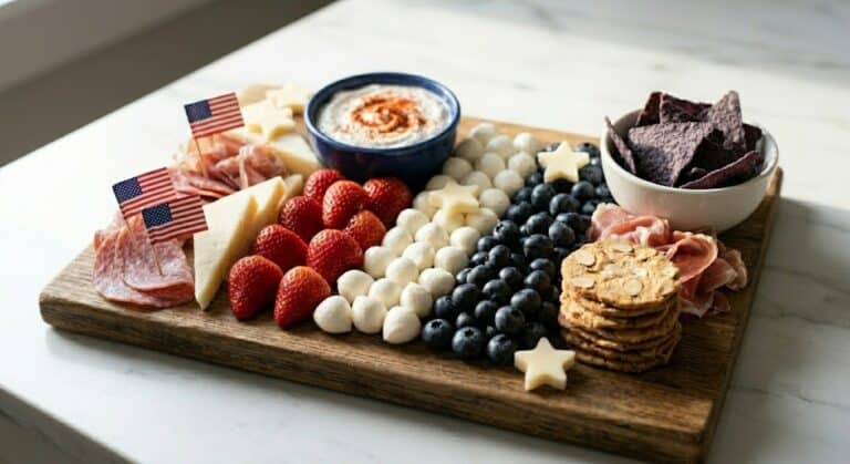 Patriotic 4th of July charcuterie board with cheese, berries, and snacks for Independence Day.