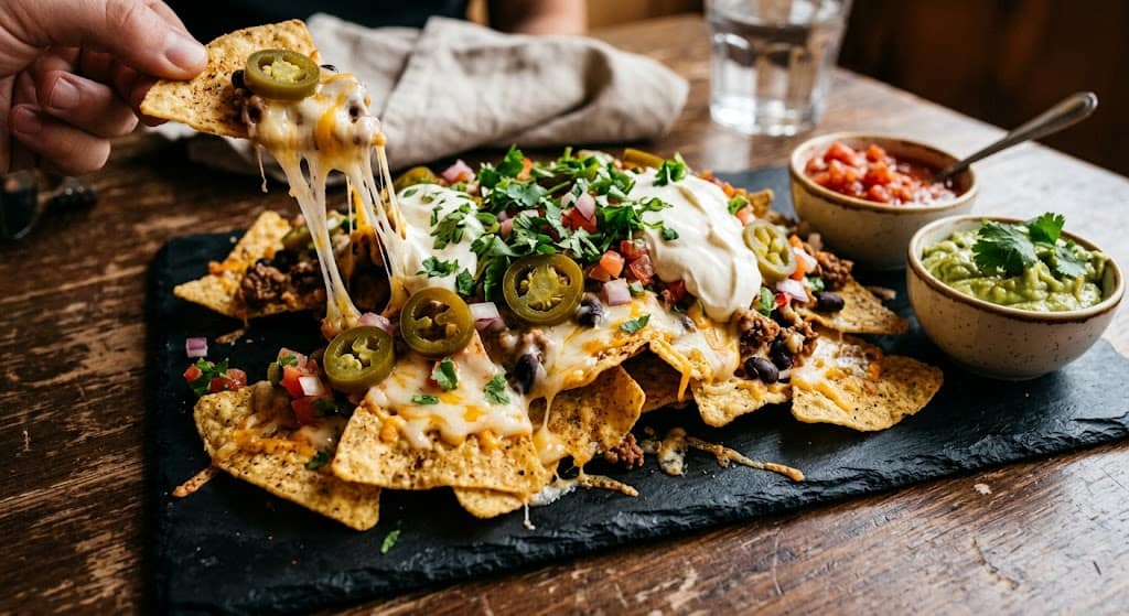  Loaded nachos with cheese, jalapeños, and salsa as easy party snacks.
