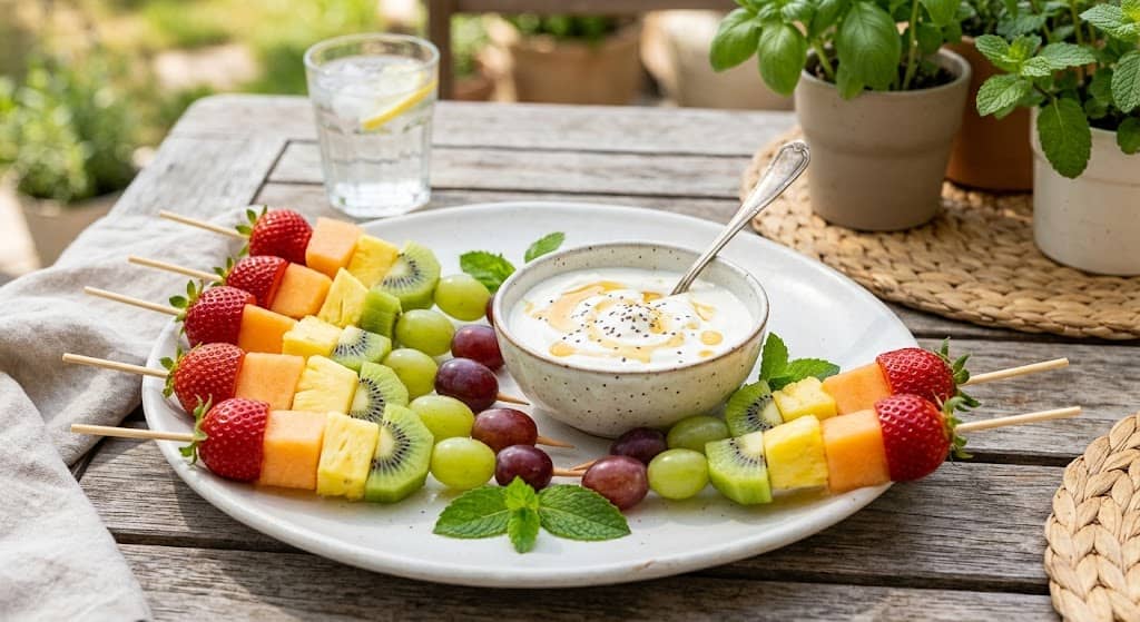Colorful fruit skewers with strawberries, kiwi, and pineapple with yogurt dip.