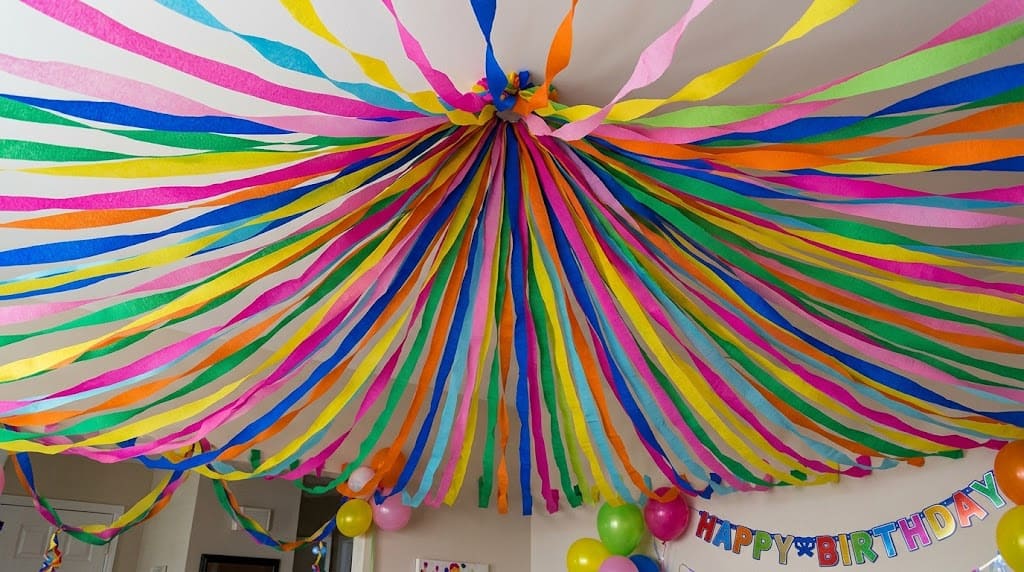 “DIY crepe paper streamer fan wall decoration in coordinated party colors”