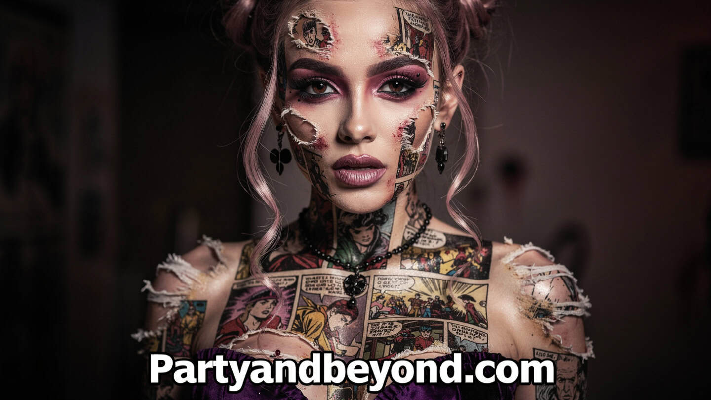 Comic book style ripped skin Halloween makeup with exposed illustrated interior effect