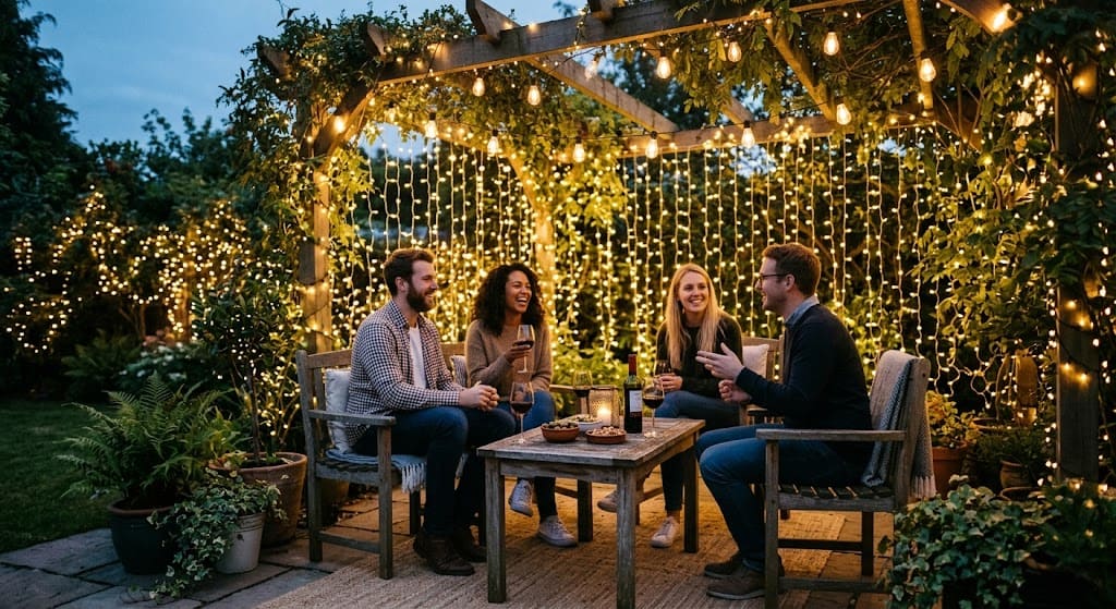“Warm white string lights used as a glowing party backdrop behind a cake table”