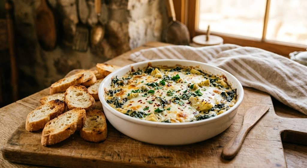 Creamy spinach and artichoke dip with toasted baguette slices