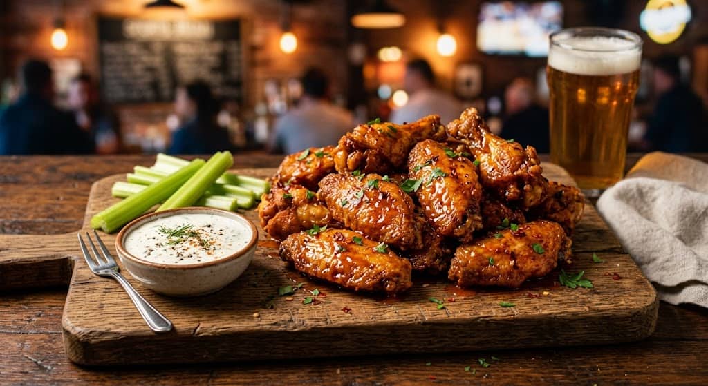 Crispy buffalo chicken wings with celery and ranch dip on a wooden board.