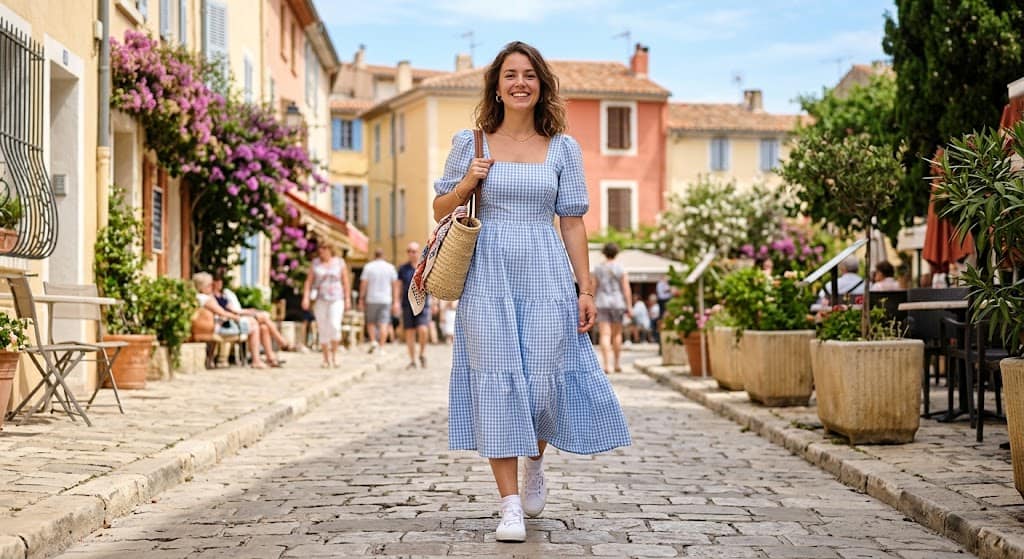 Woman in blue gingham midi dress with white sneakers at outdoor summer parade