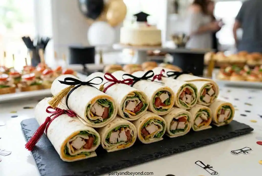 Tortilla wrap pinwheels tied with ribbons to resemble graduation diplomas
