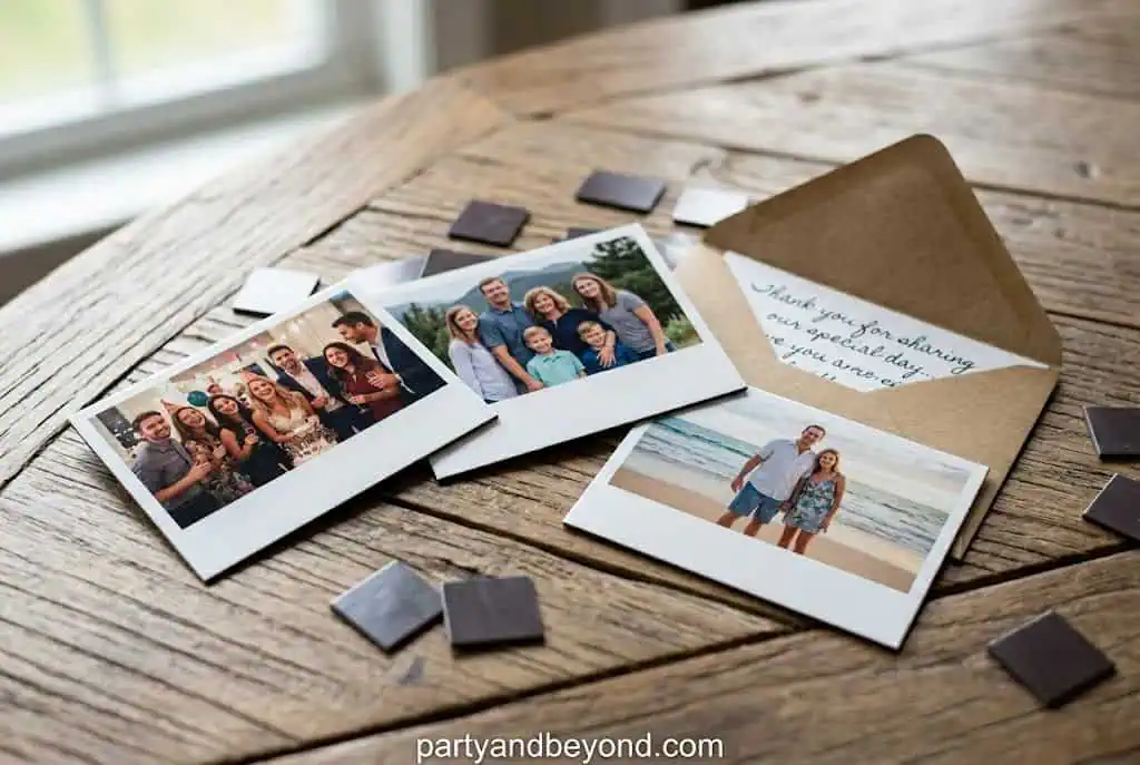 : Personalized photo magnets with birthday party photos displayed on a refrigerator door Best Party Favor Ideas