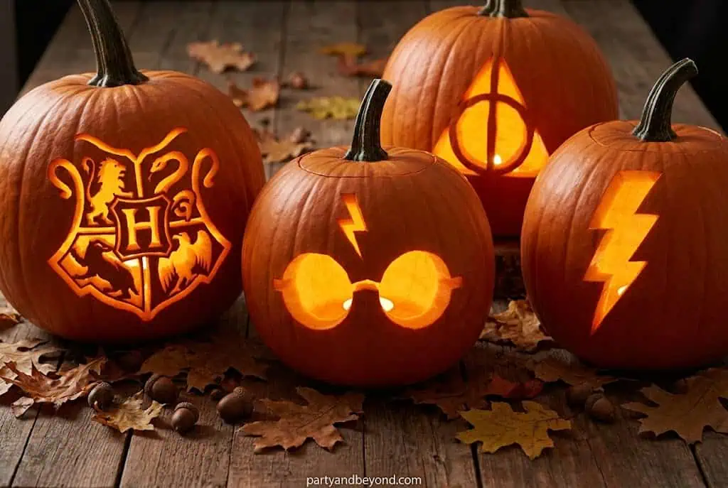 Harry Potter themed pumpkin with carved glasses and lightning scar.