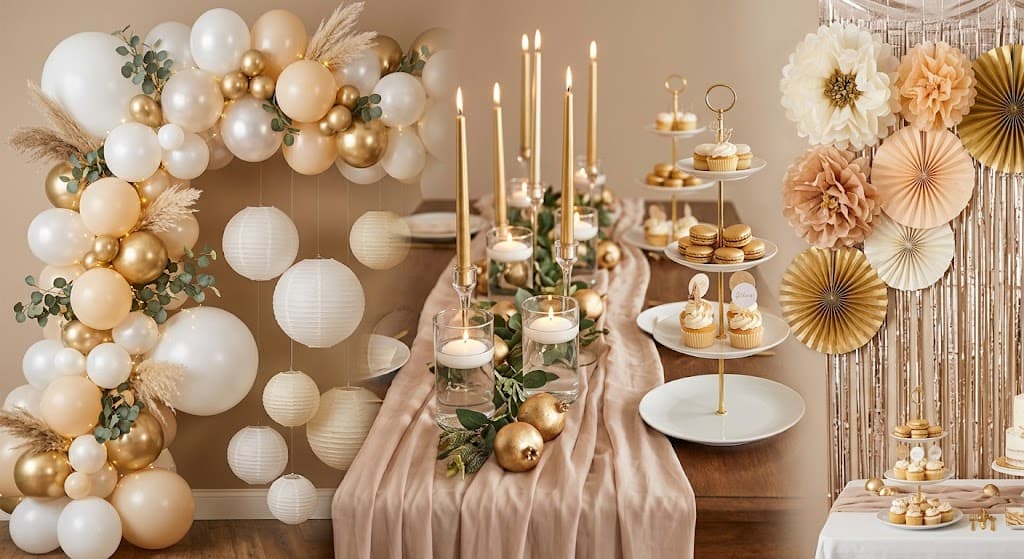 Gold and white balloon garland with candles and desserts for stylish party decor.
