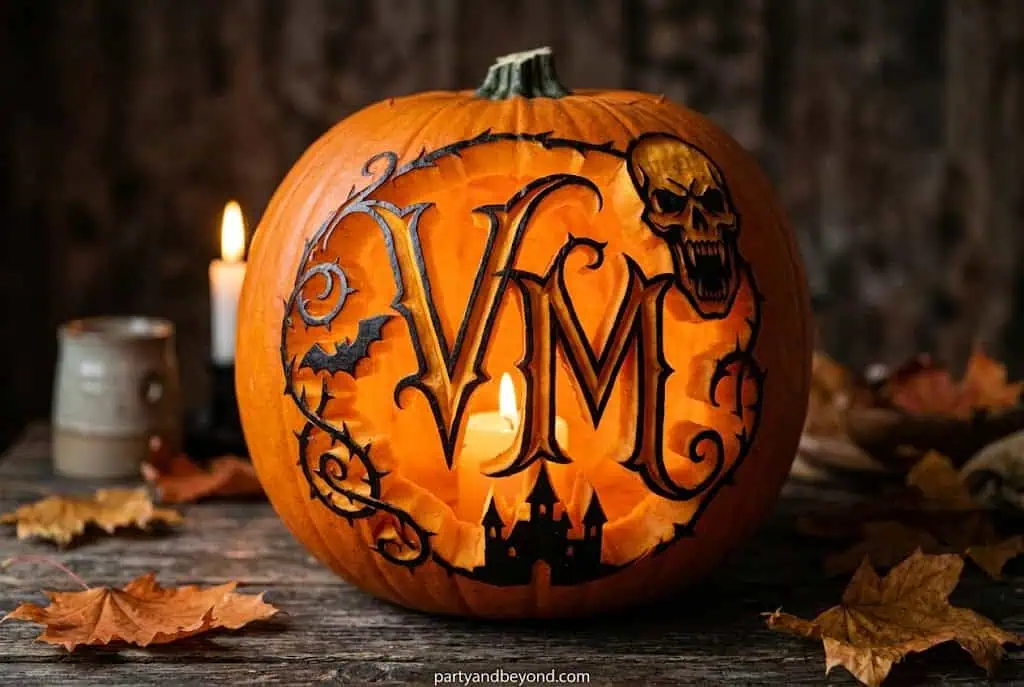 Gothic letter monogram pumpkin carving with spider web details.