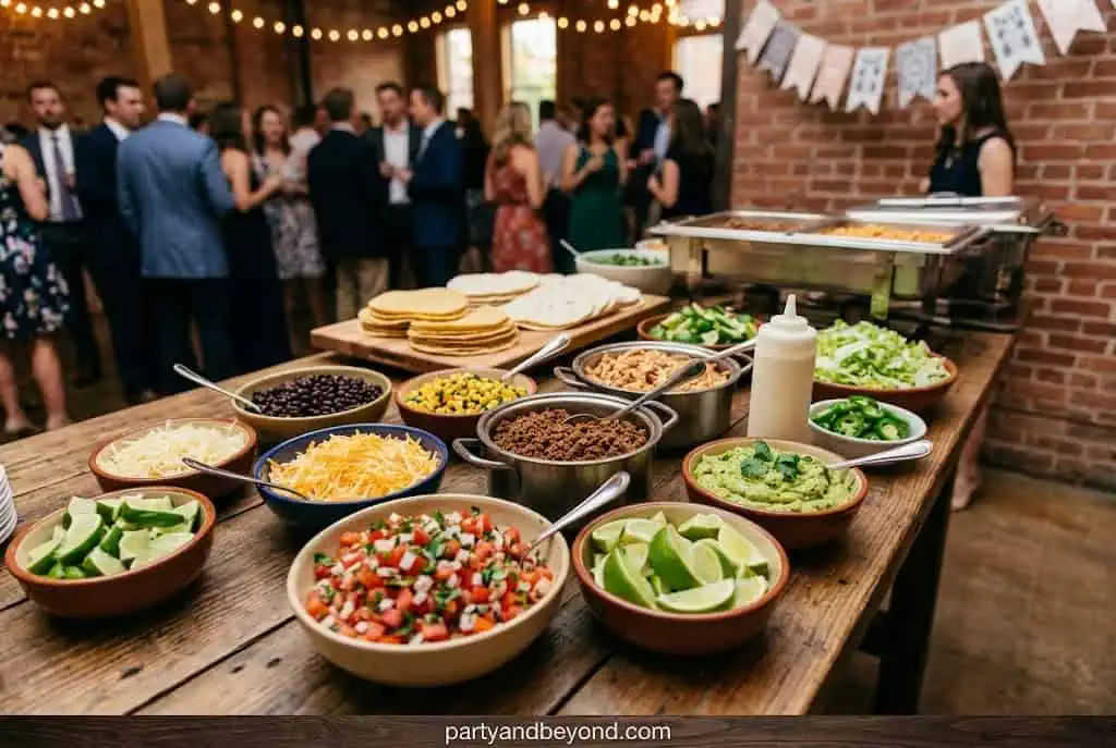 Self-serve graduation taco bar with tortillas meat cheese salsa and toppings