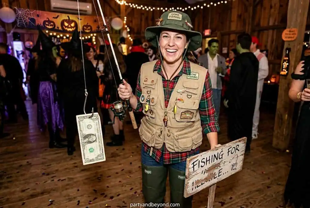 gone fishing funny costume with fishing rod and money