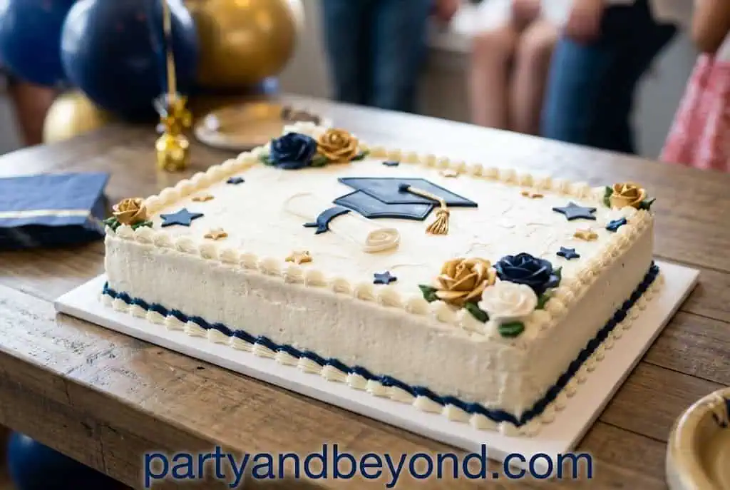 Graduation sheet cake decorated in school colors with Class of 2026 written on top