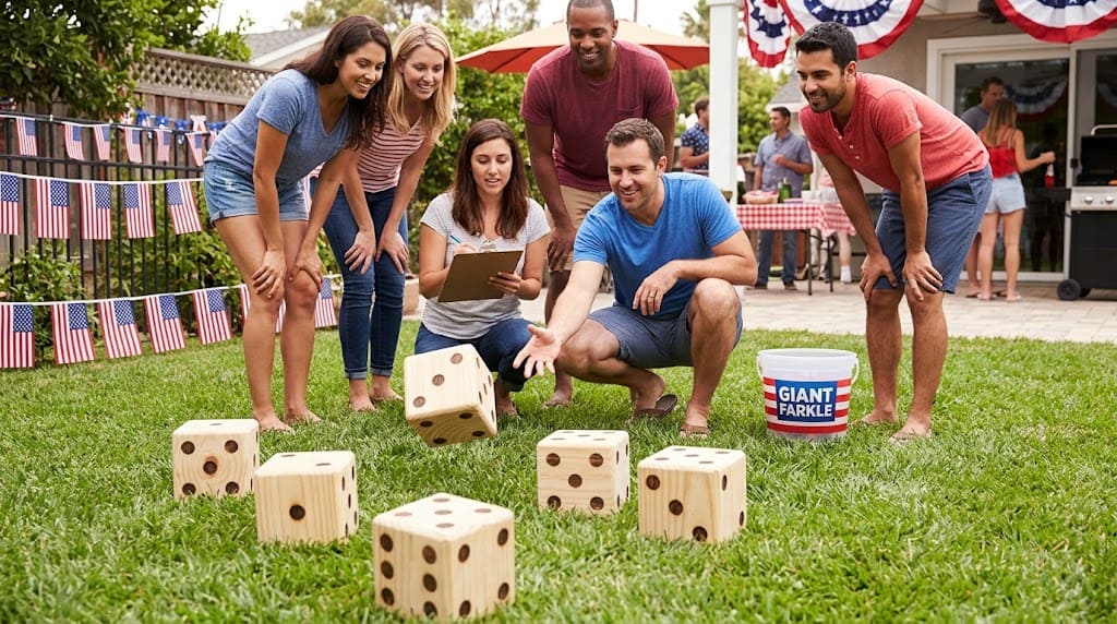 Giant yard dice Farkle outdoor game for adults 4th of July party — backyard lawn game