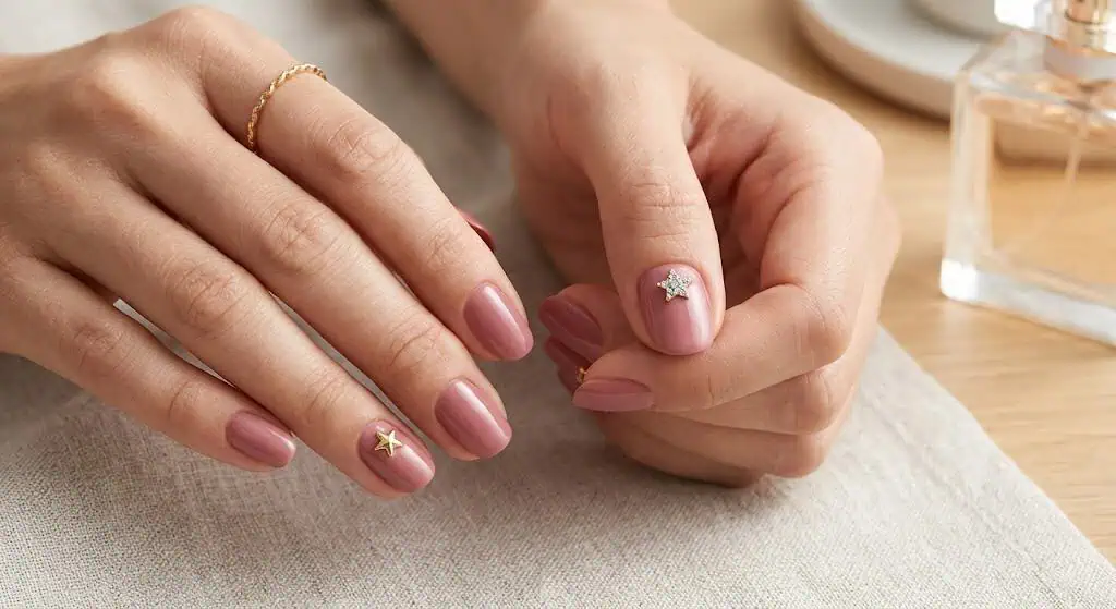 Patriotic nails with small 3D star charms applied as decorative accents.
