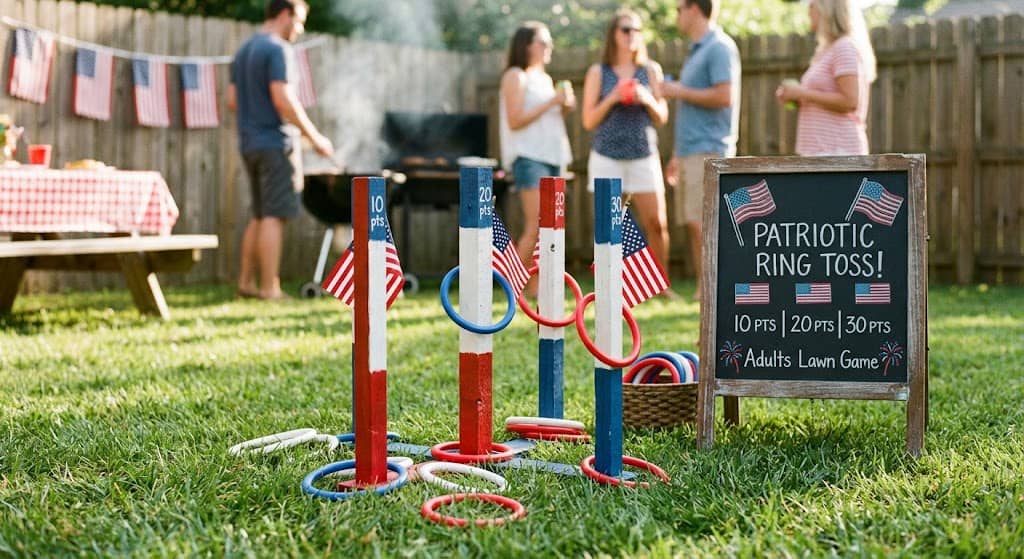 Patriotic ring toss game DIY for 4th of July party — adults outdoor lawn game red white blue